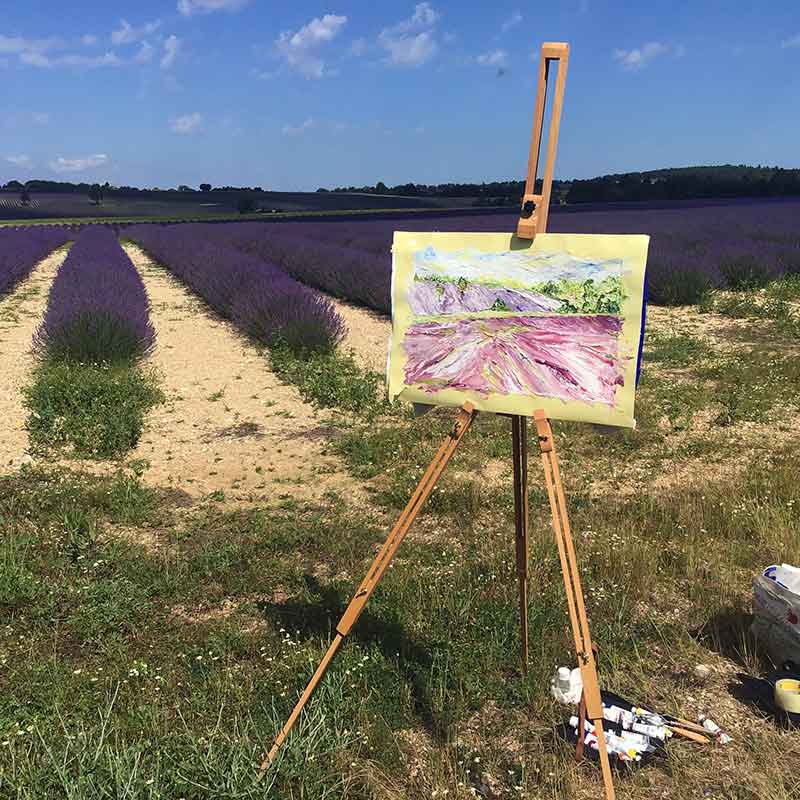 A painting of lavender field during Atelier Provence with Walk the Arts